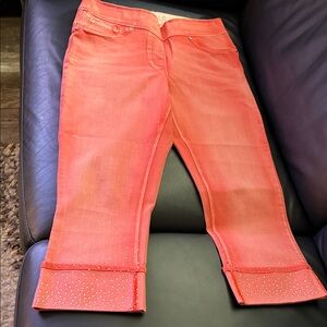 Vibrant Coral Cropped Jeans with Studded Details